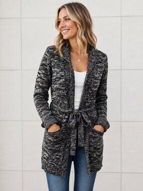 Roxy Hooded Open Front, Tie Waist Cardigan Sweater XL Black White Marled
